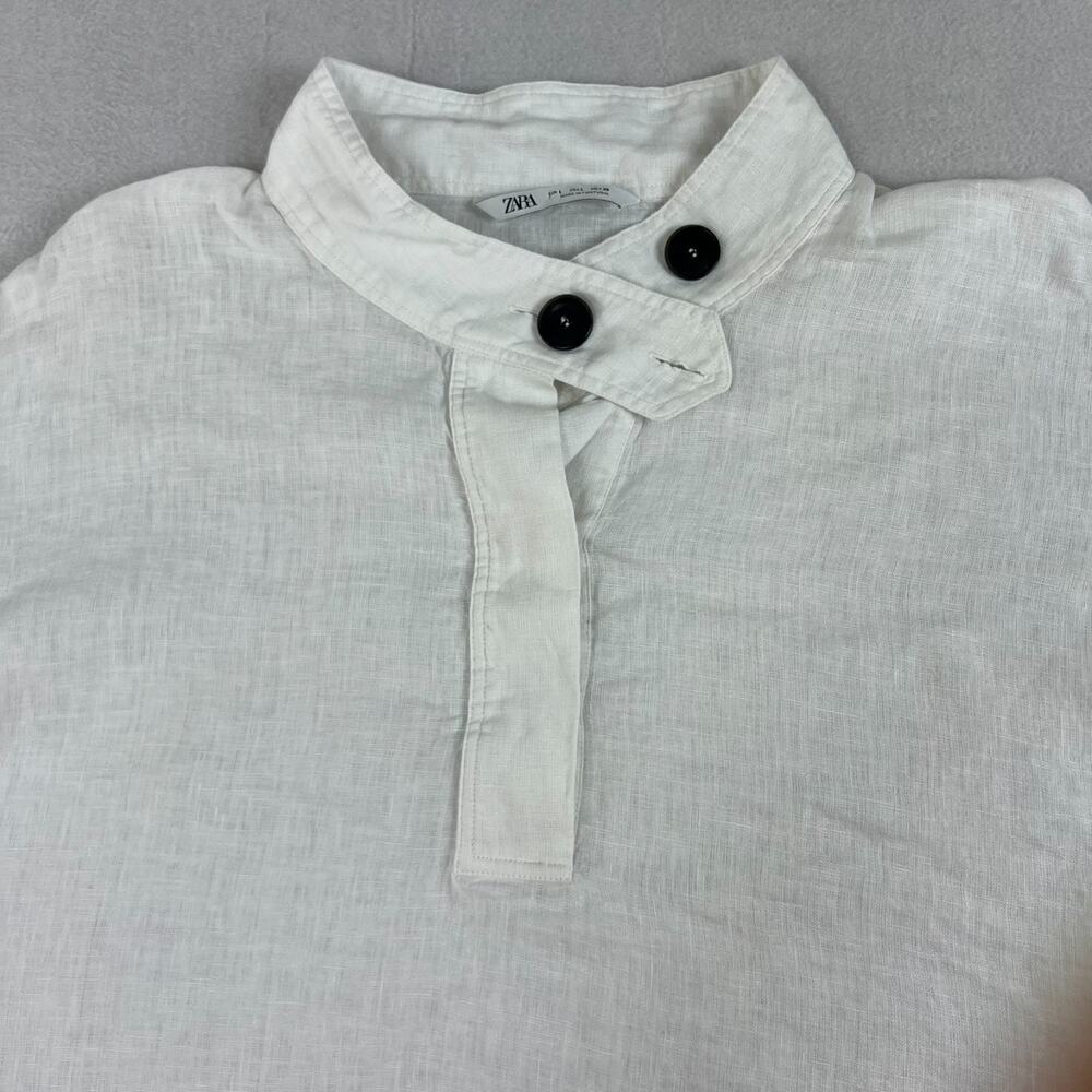 Zara Top Women's Size L White Linen Oversize With Buttoned High Neck - Picture 3 of 8